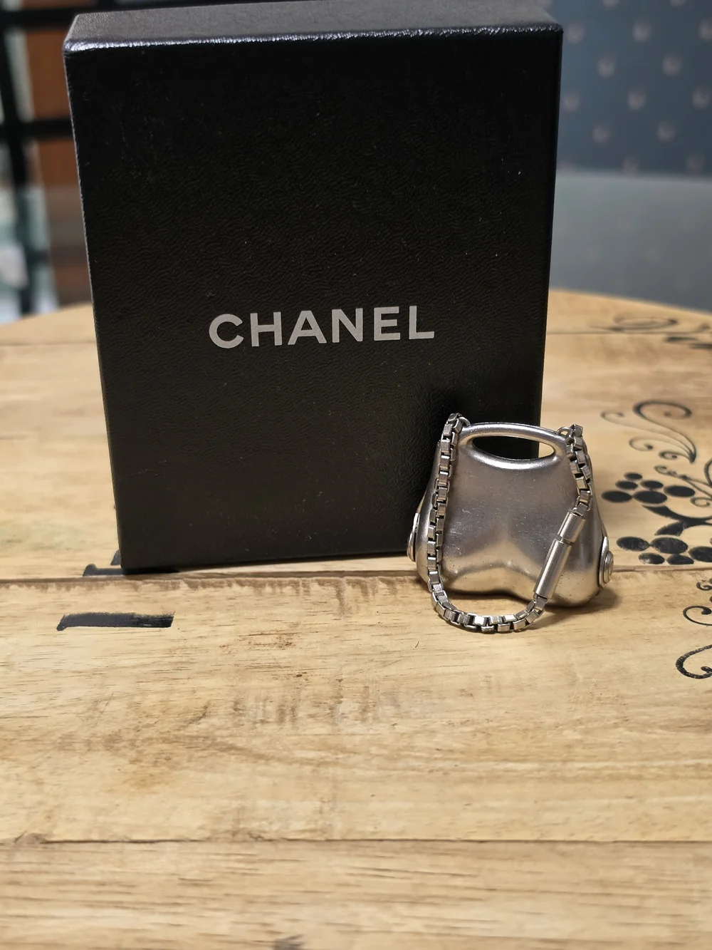 CHANEL Silver-Tone Charm Mini Purse Charm/Keychain